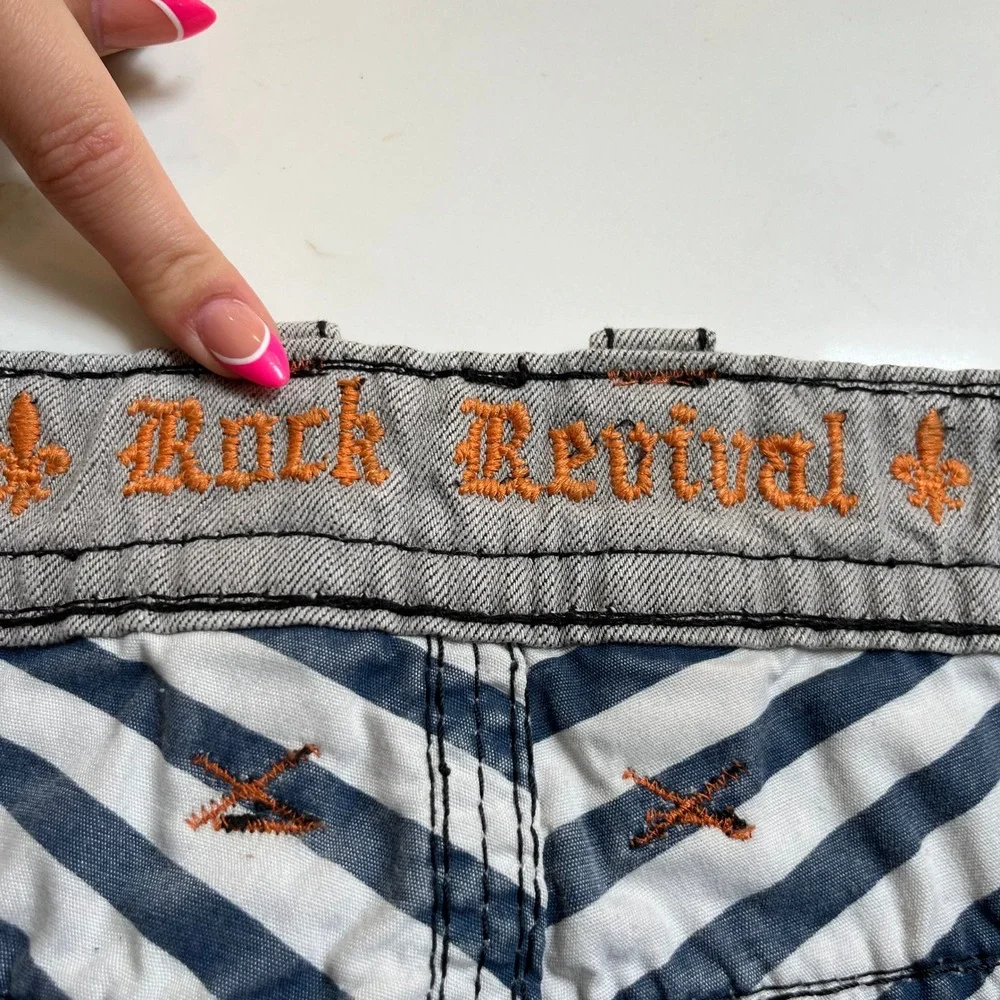 Rock Revival Dan Straight Mens 38 Gray Jeans Heavy Black Stitch Fleur-De-Lis Y2K
